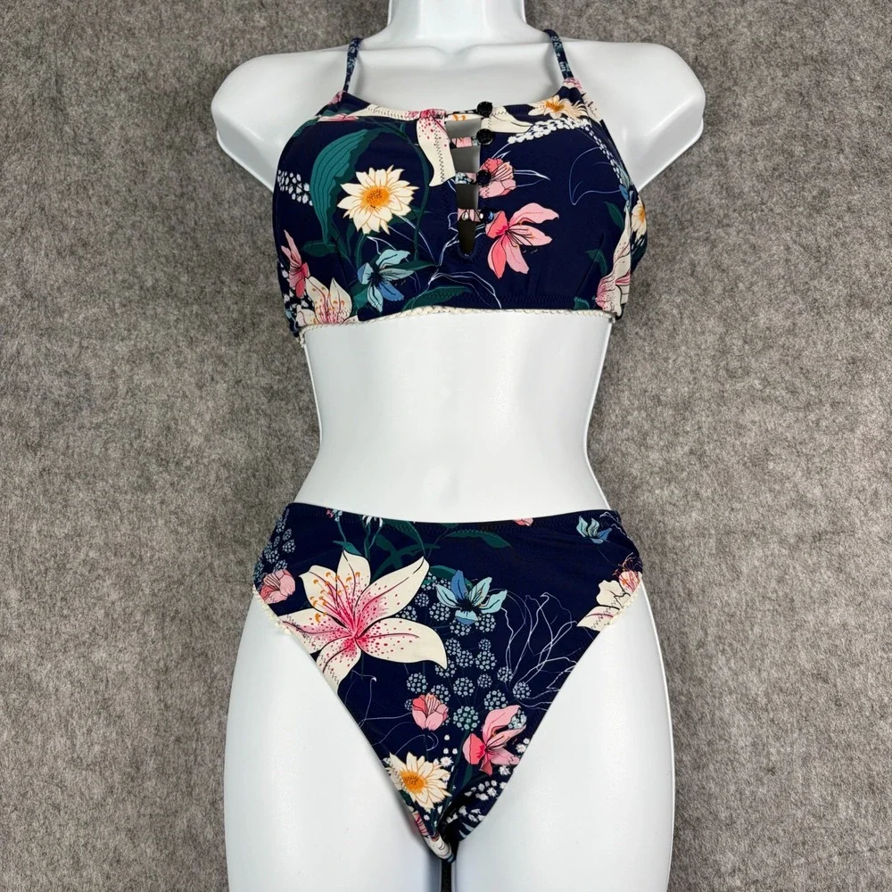 Cupshe Womens Bikini Set Swimsuit 2 pc Navy Pink Floral Sz L Tropical Beach NWT